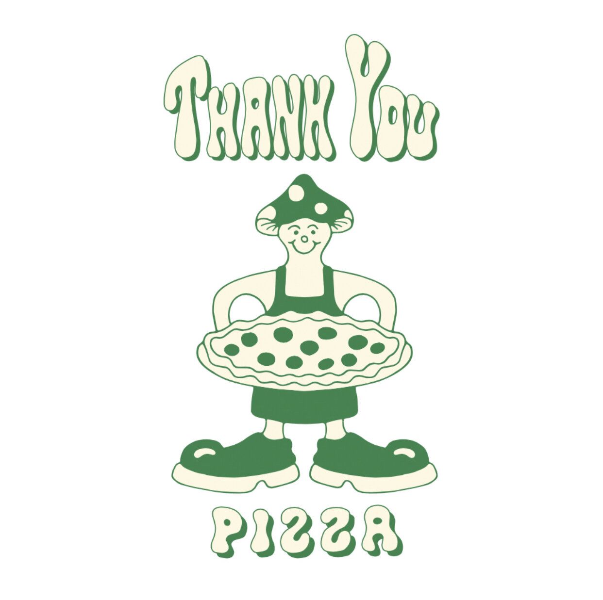 The Thank You Pizza logo is a cartoon mushroom man holding a pizza with thank you above his head and pizza under his feet in a bubbly font.